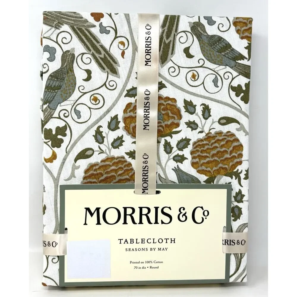 William Morris & Co Seasons by May Round Tablecloth 70” In. Birds Fall Colors